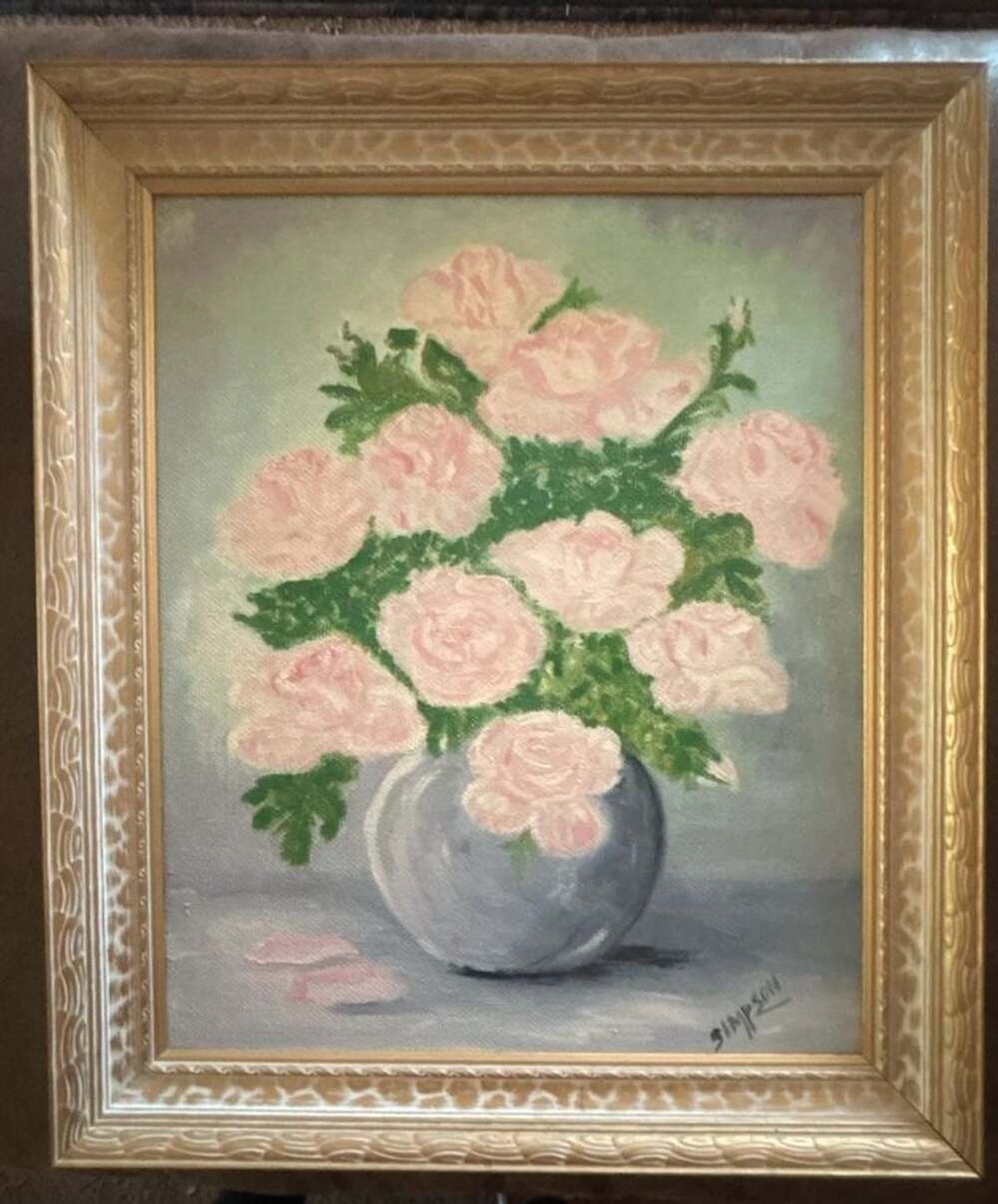 Elnora Simpson Bowl of Roses Oil Painting 1962 Framed Floral Art